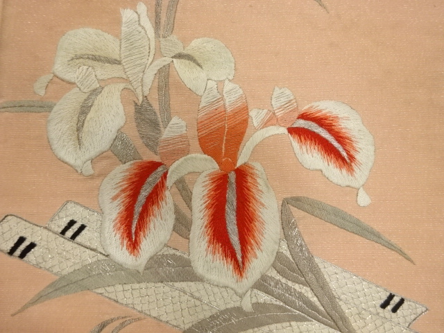 JAPANESE KIMONO / ANTIQUE BOLT FOR KYUSUN OBI / EMBROIDERY / FLOWER
